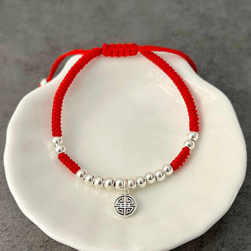 Red Rope & Silver Lucky Lu Symbol Bracelet