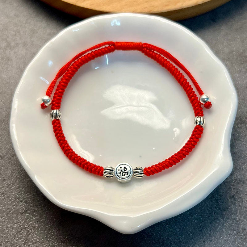 Red Rope & Silver Lucky 'Fu' Symbol Bracelet