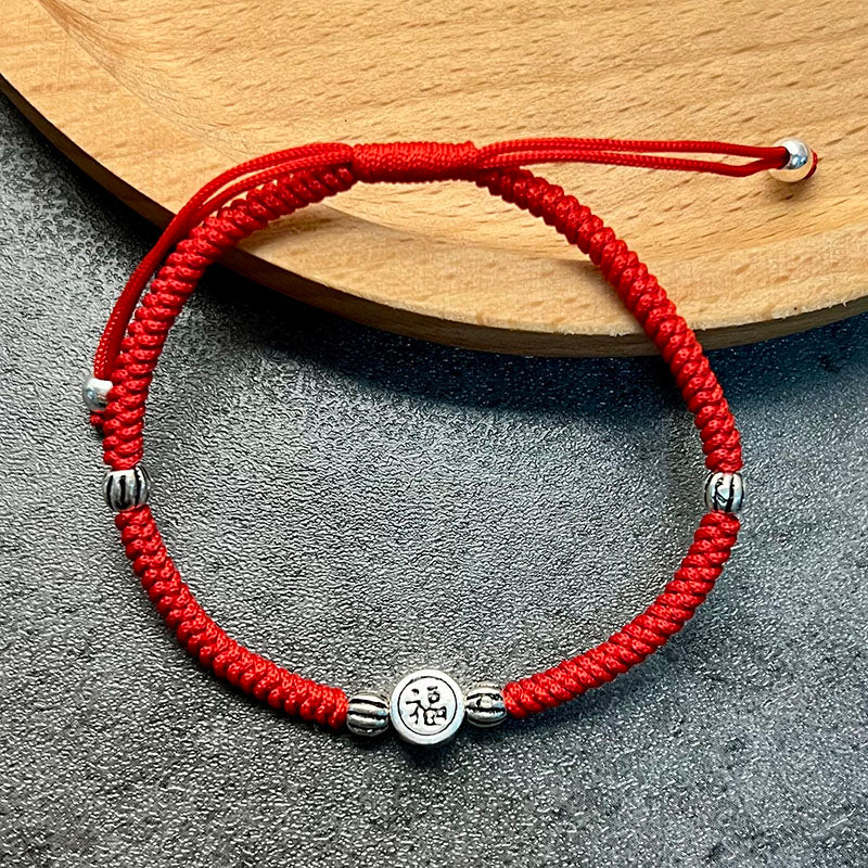 Red Rope & Silver Lucky 'Fu' Symbol Bracelet