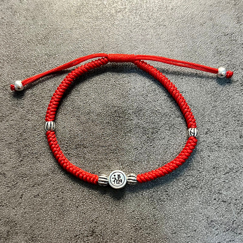 Red Rope & Silver Lucky 'Fu' Symbol Bracelet