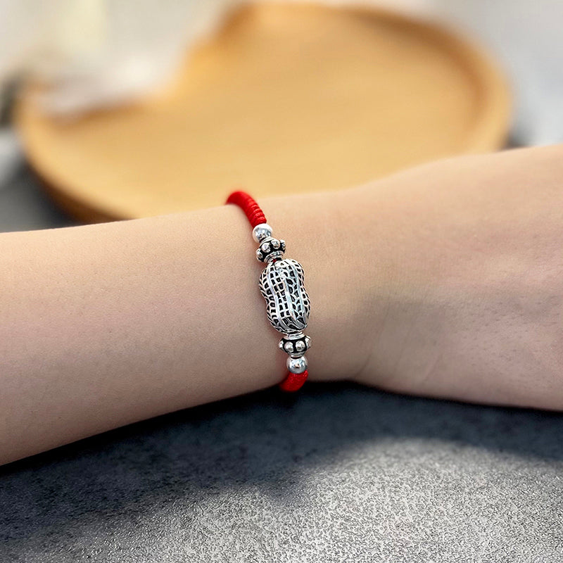 Red Rope & Silver 'Wealth Peanut' Bracelet