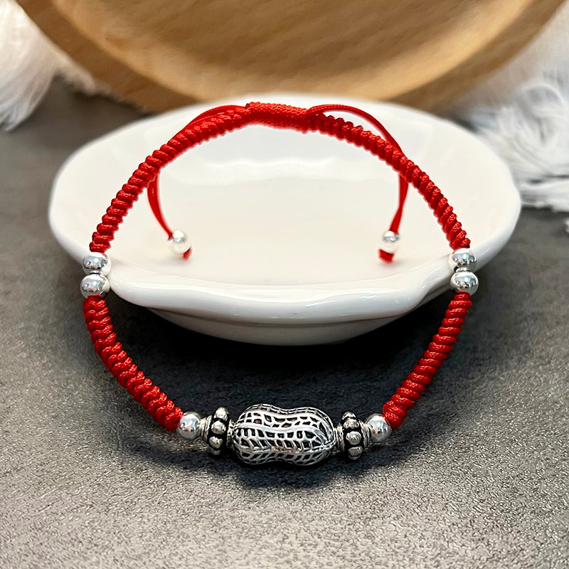 Red Rope & Silver 'Wealth Peanut' Bracelet