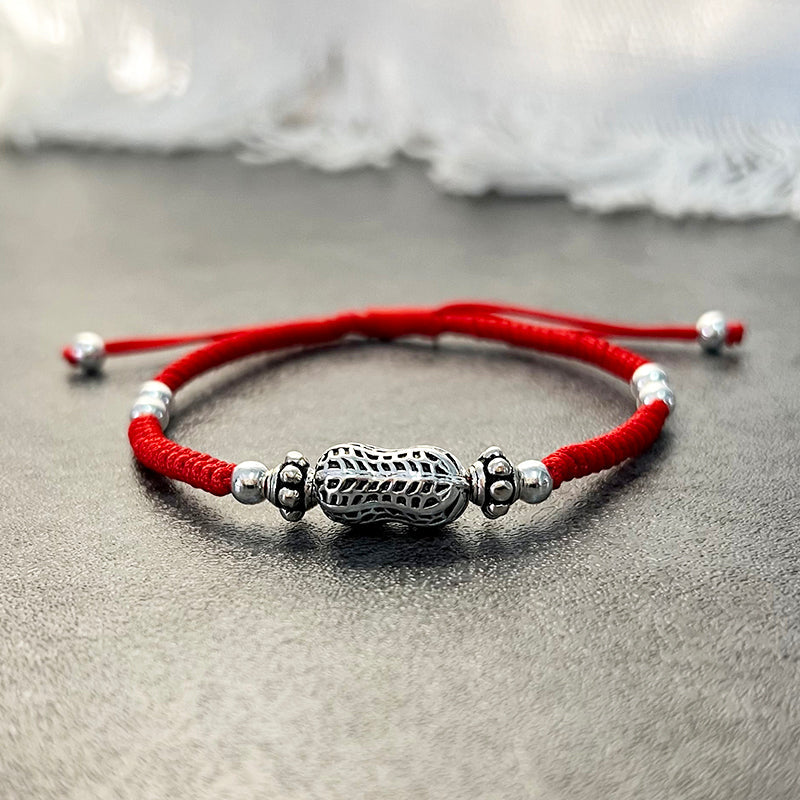 Red Rope & Silver 'Wealth Peanut' Bracelet