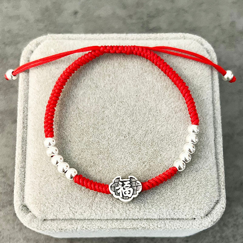 Red Rope & Silver Wealth 'Fu' Symbol Bracelet