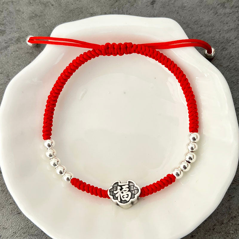 Red Rope & Silver Wealth 'Fu' Symbol Bracelet