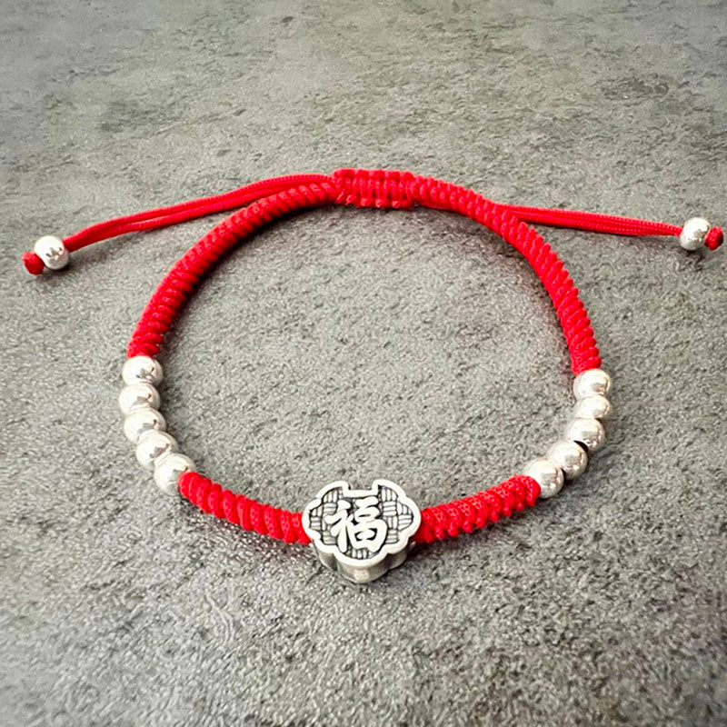 Red Rope & Silver Wealth 'Fu' Symbol Bracelet