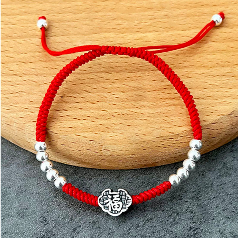 Red Rope & Silver Wealth 'Fu' Symbol Bracelet