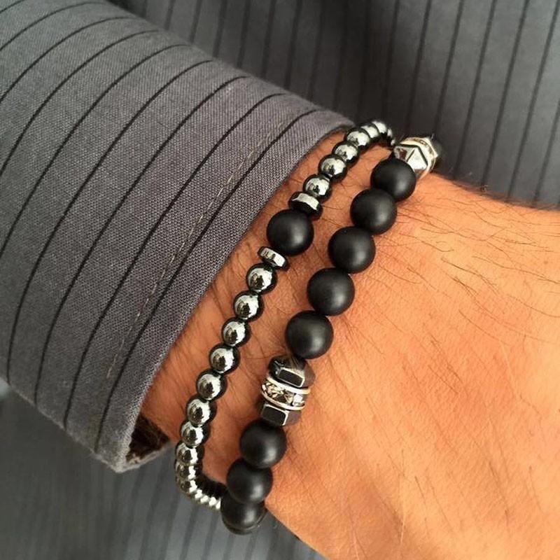 2pc/set Men's Hematite & Onyx Stone SELF CONTROL Bracelets