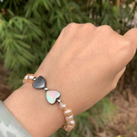 Thumbnail for Feminine Natural Freshwater Pink Pearls & Abalone Shell Hearts Bracelet