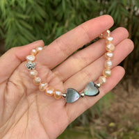 Thumbnail for Feminine Natural Freshwater Pink Pearls & Abalone Shell Hearts Bracelet