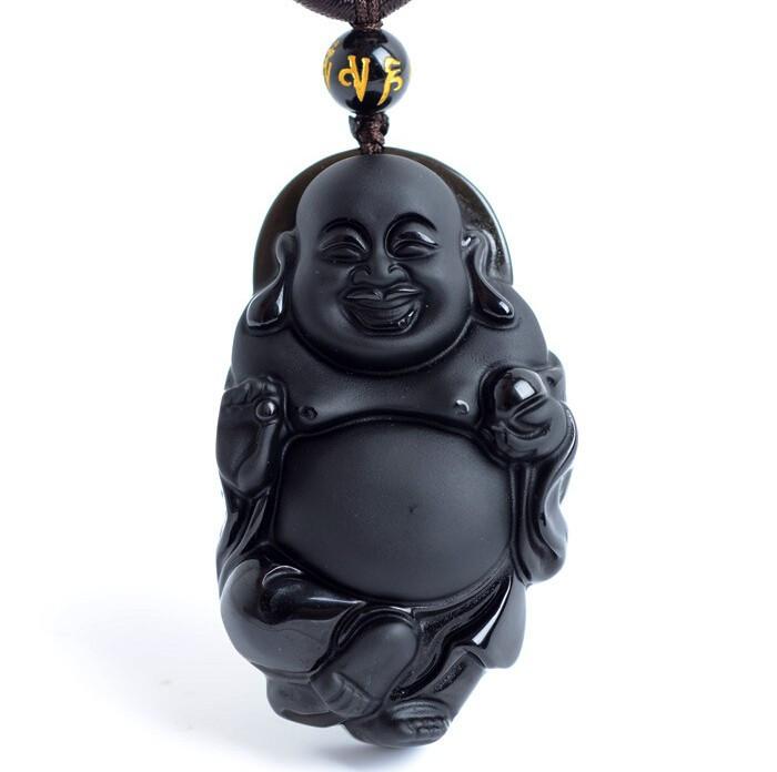 Carved Obsidian Maitreya Buddha Pendant Necklace