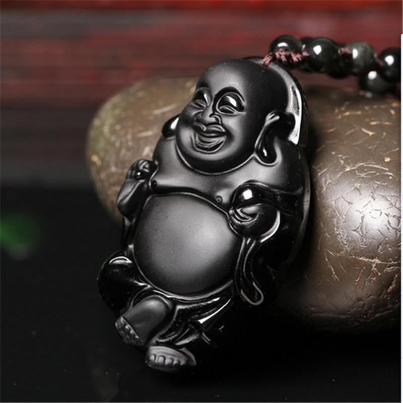 Carved Obsidian Maitreya Buddha Pendant Necklace