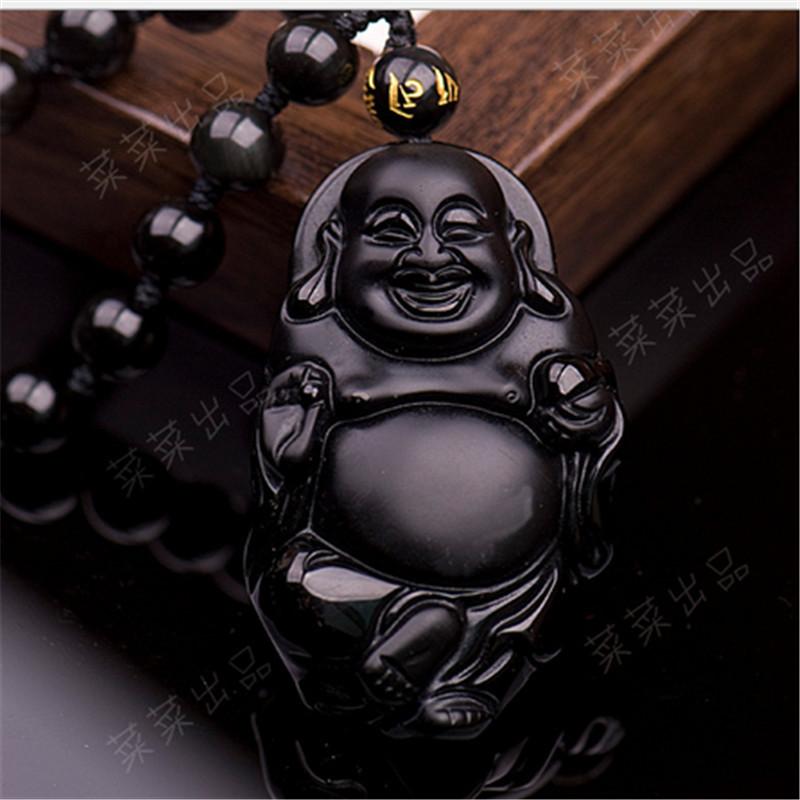 Carved Obsidian Maitreya Buddha Pendant Necklace