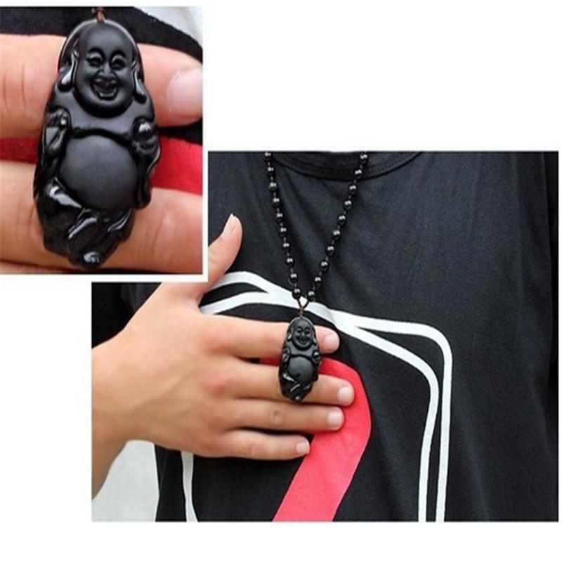 Carved Obsidian Maitreya Buddha Pendant Necklace