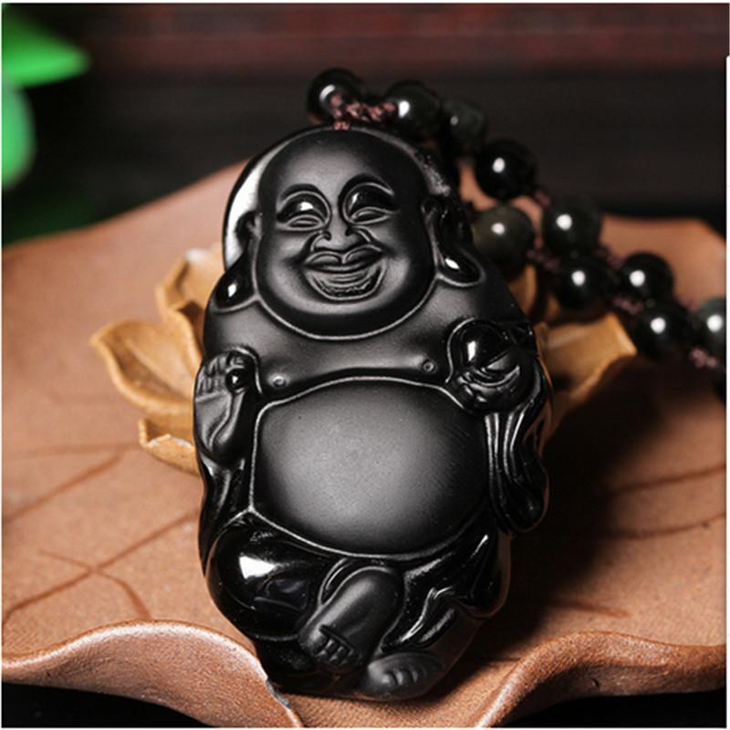 Carved Obsidian Maitreya Buddha Pendant Necklace