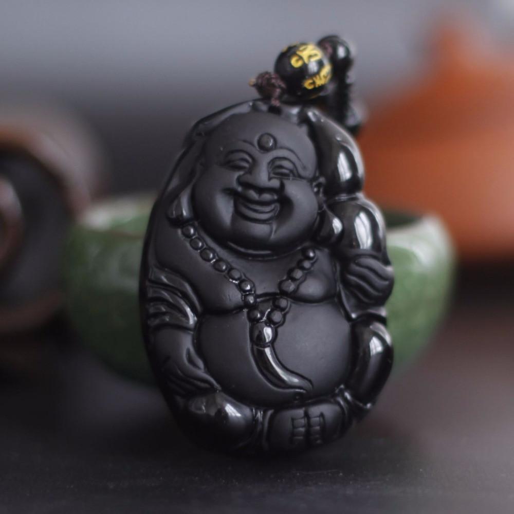 Natural Black Obsidian Carved Laughing Buddha Necklace