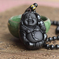 Thumbnail for Natural Black Obsidian Carved Laughing Buddha Necklace