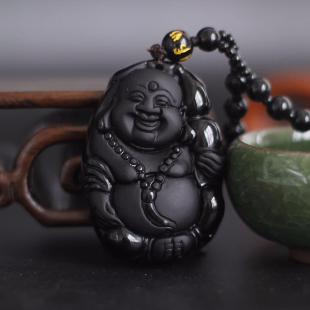 Natural Black Obsidian Carved Laughing Buddha Necklace