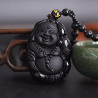 Thumbnail for Natural Black Obsidian Carved Laughing Buddha Necklace