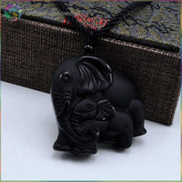 Thumbnail for Handcarved Obsidian Mother Baby Elephant  Pendant Necklace