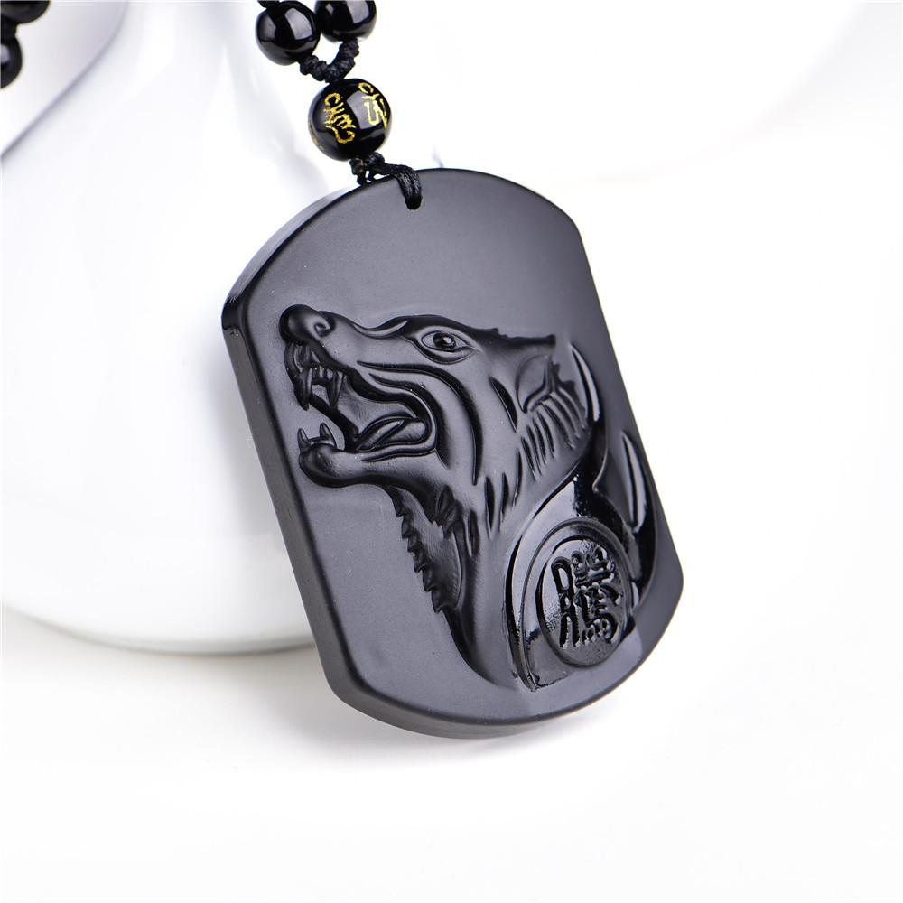 Natural Black Obsidian  Wolf Head Amulet