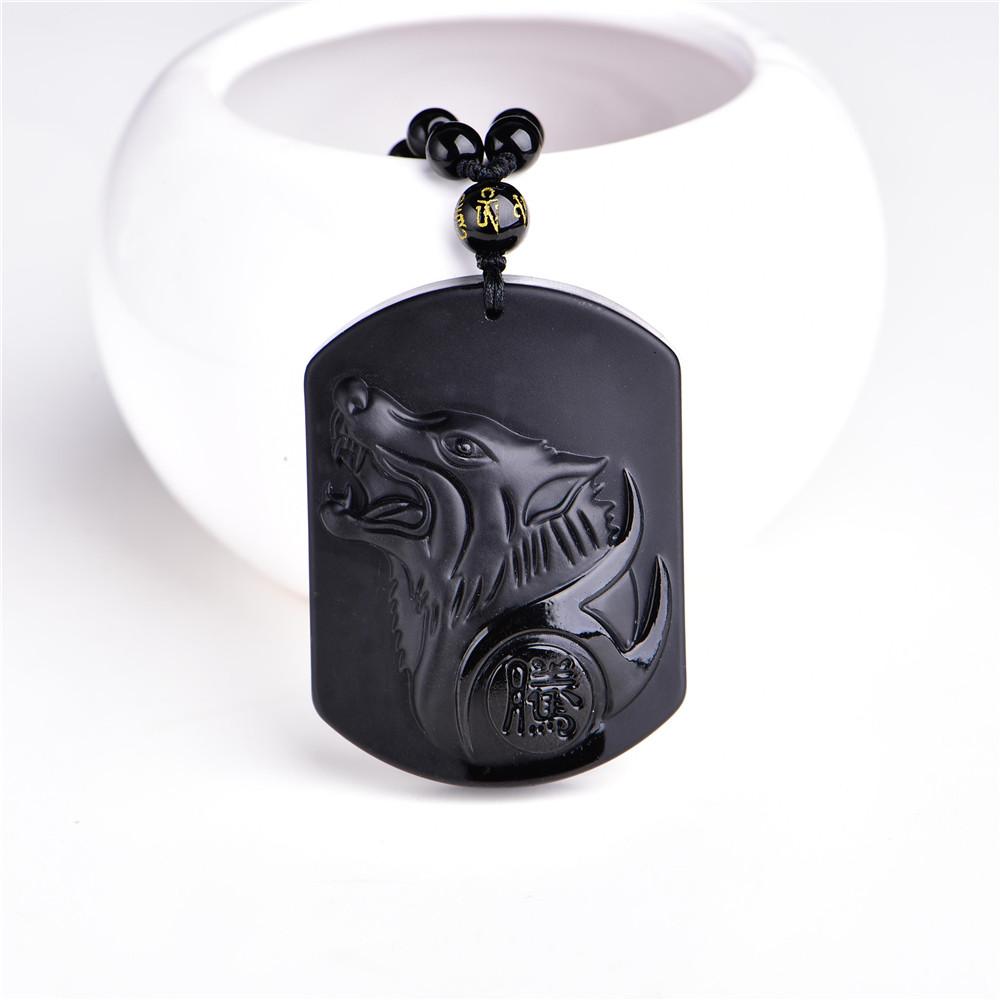 Natural Black Obsidian  Wolf Head Amulet