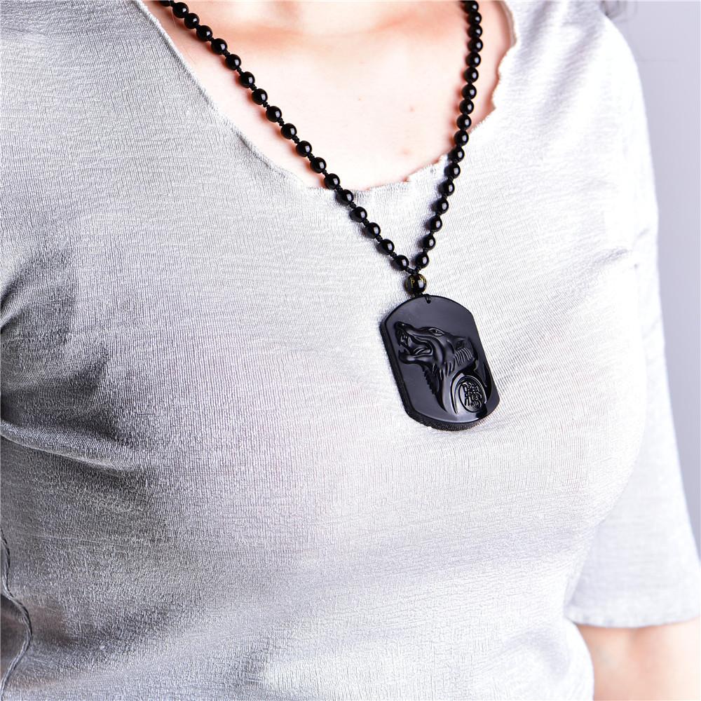 Natural Black Obsidian  Wolf Head Amulet