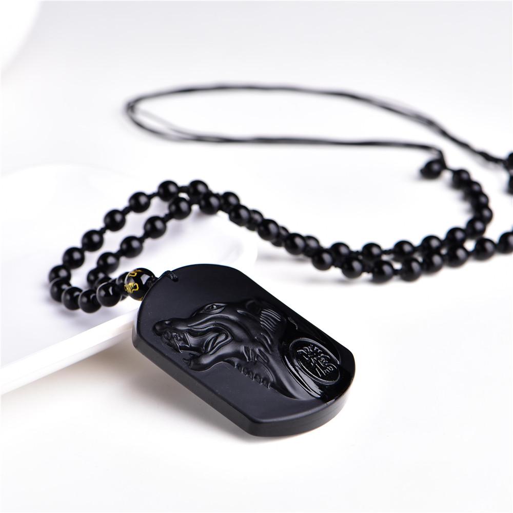 Natural Black Obsidian  Wolf Head Amulet