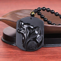 Thumbnail for Trendy Natural Obsidian Carved Wolf Head Amulet pendant