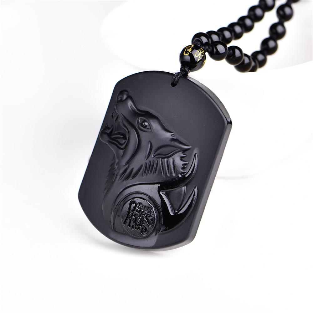 Natural Black Obsidian  Wolf Head Amulet