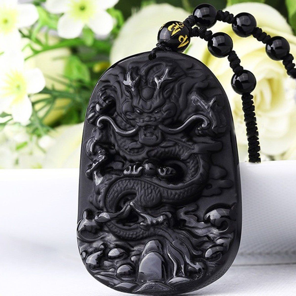 Natural Black Obsidian Dragon Amulet Pendant Necklace