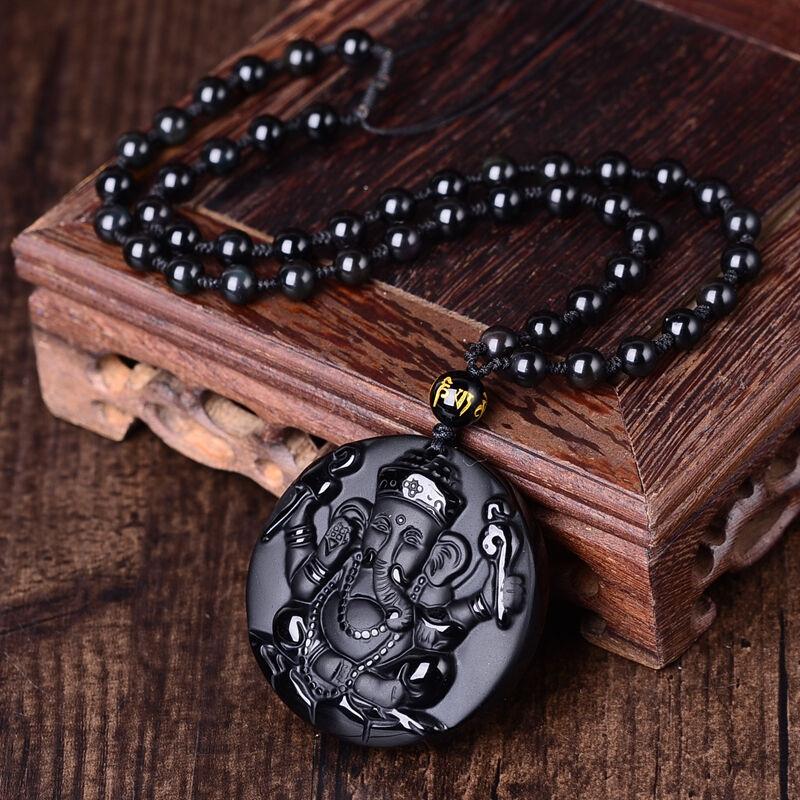 Natural  Obsidian Ganesh  Lucky Elephant Pendant