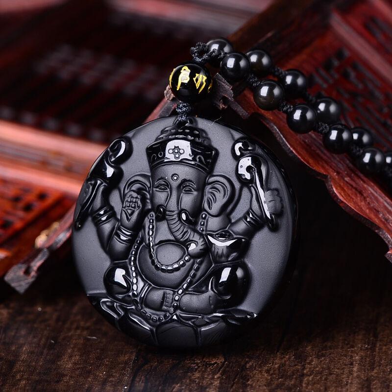 Natural Carved Black Obsidian Ganesha Pendant Necklace