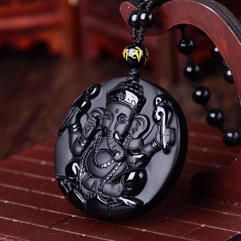 Natural Carved Black Obsidian Ganesha Pendant Necklace