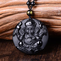 Thumbnail for Natural Carved Black Obsidian Ganesha Pendant Necklace