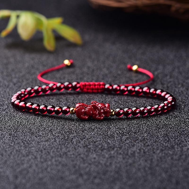 Hand Carved Purple Cinnabar Accents & Garnet Stone PIXIU'PROSPERITY Attracting Bracelet