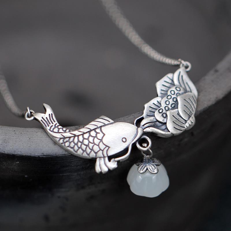 THAI SILVER Koi Carp & Lotus 'HARMONY' Necklace