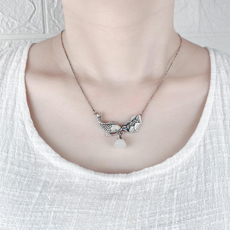 THAI SILVER Koi Carp & Lotus 'HARMONY' Necklace