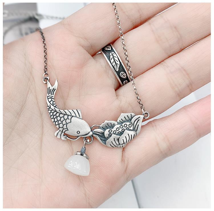 THAI SILVER Koi Carp & Lotus 'HARMONY' Necklace