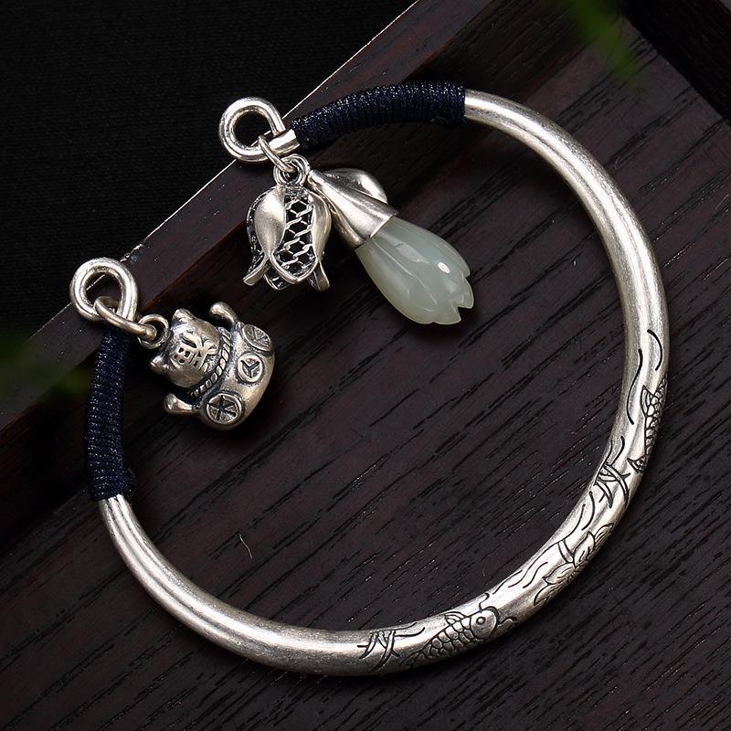 THAI SILVER Maneki Neko 'Beckoning Cat' & Lotus Bulb Bangle