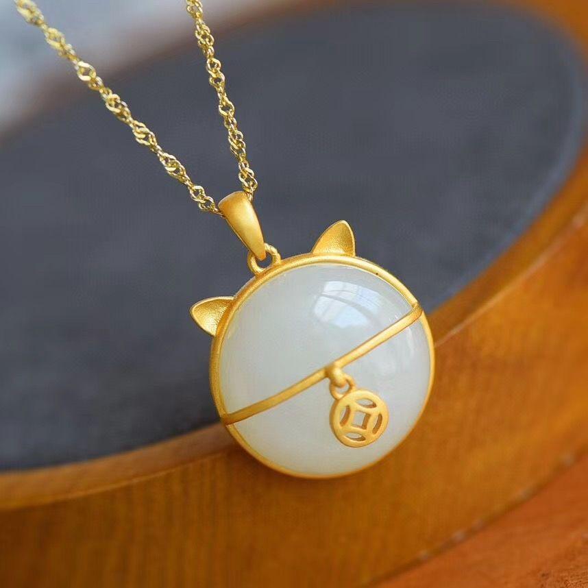 THAI SILVER Hetian Jade Lucky Fat Cat 'ABUNDANCE' Necklace