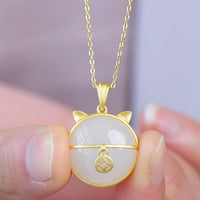 Thumbnail for THAI SILVER Hetian Jade Lucky Fat Cat 'ABUNDANCE' Necklace