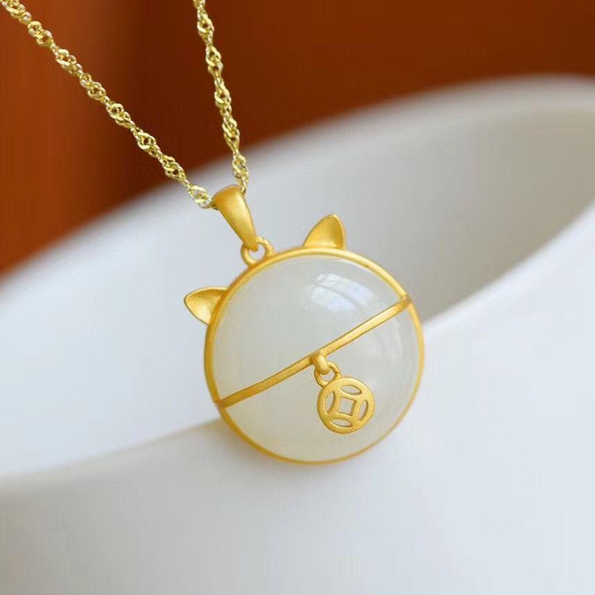 THAI SILVER Hetian Jade Lucky Fat Cat 'ABUNDANCE' Necklace