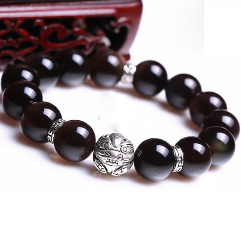 Natural Obsidian Beads Charms 925 Sterling Silver Bracelet