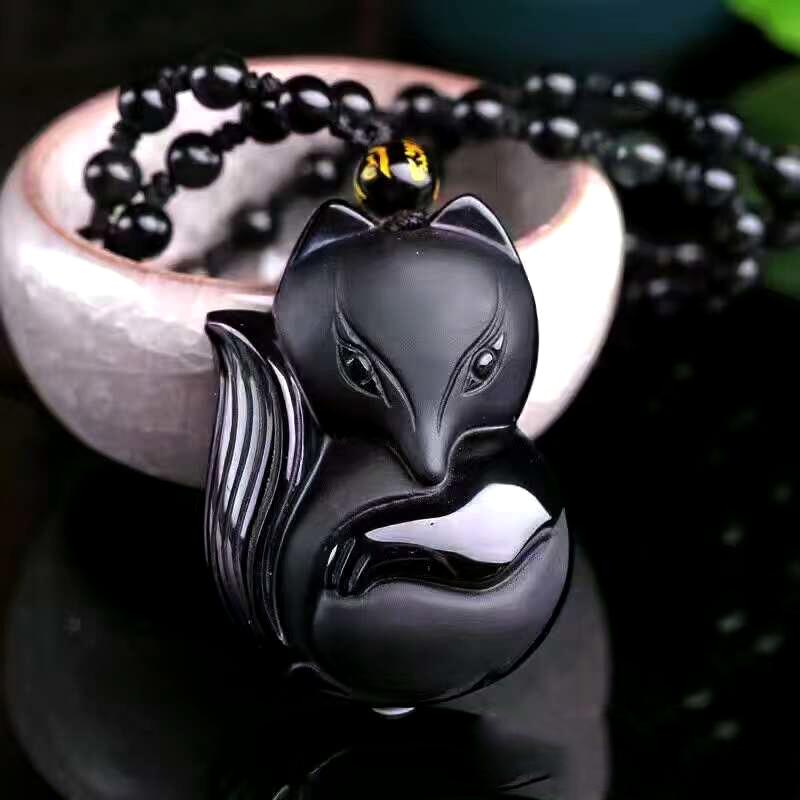 Natural Black Obsidian 'THE FOX' Responsiveness Pendant Necklace