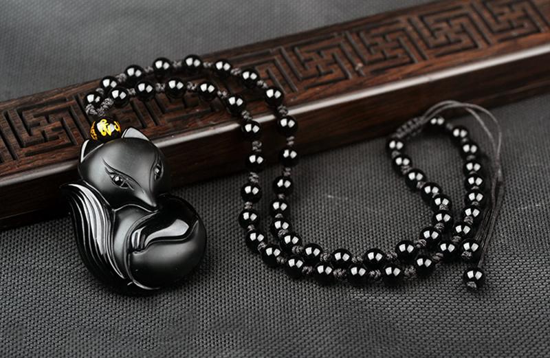 Natural Black Obsidian 'THE FOX' Responsiveness Pendant Necklace