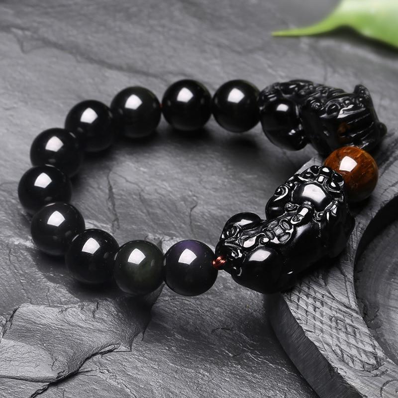 DOUBLE ATTRACTION Pixiu & Natural Obsidian with Tiger eye Bead Bracelet