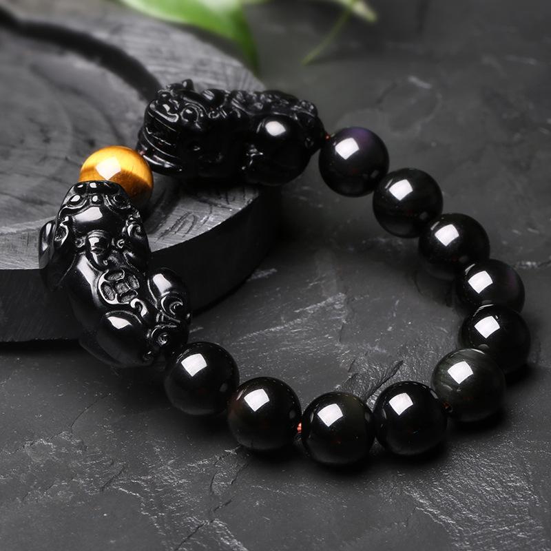 DOUBLE ATTRACTION Pixiu & Natural Obsidian with Tiger eye Bead Bracelet