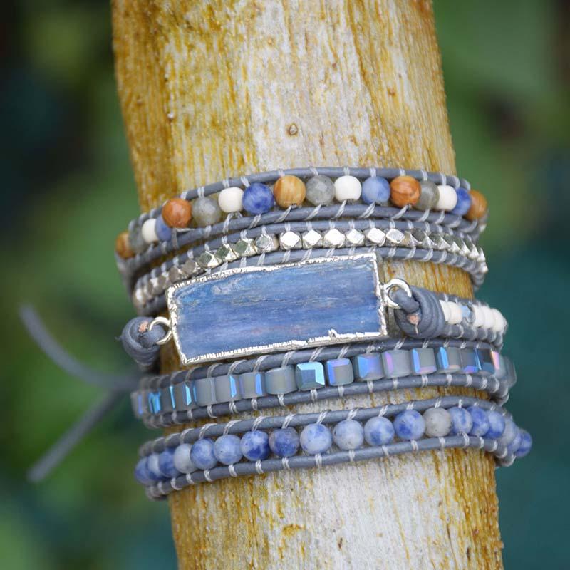 Natural BLUE TOPAZ  & Labradorite /Stone  Leather Wrap HONESTY Bracelet