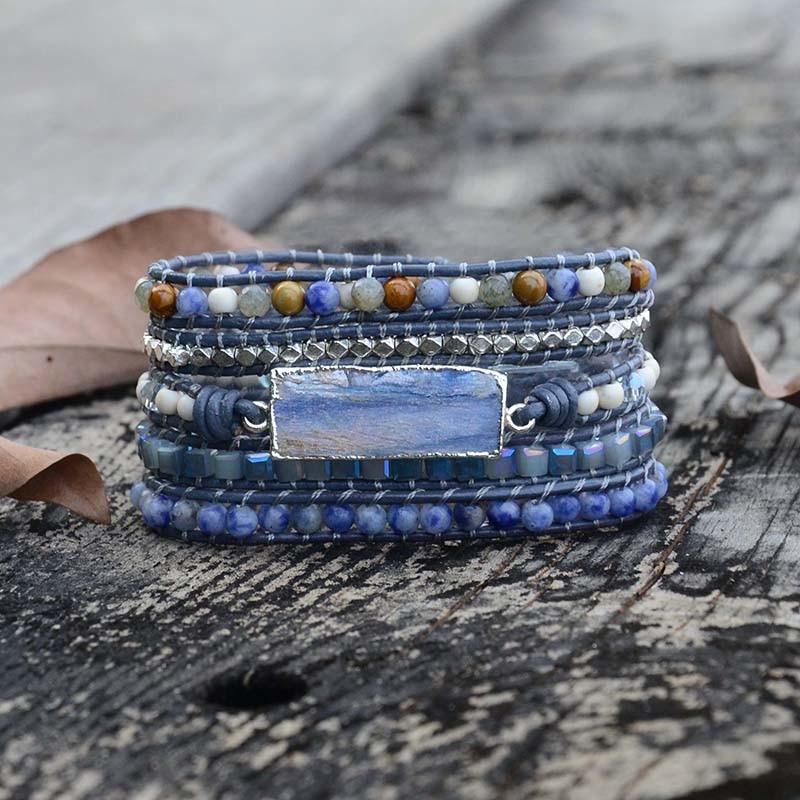 Natural BLUE TOPAZ  & Labradorite /Stone  Leather Wrap HONESTY Bracelet